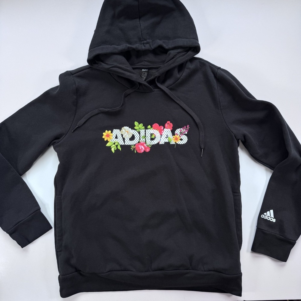 ADIDAS Hoodie Sweatshirt Floral Logo Women's Large Black Pockets FQ3530